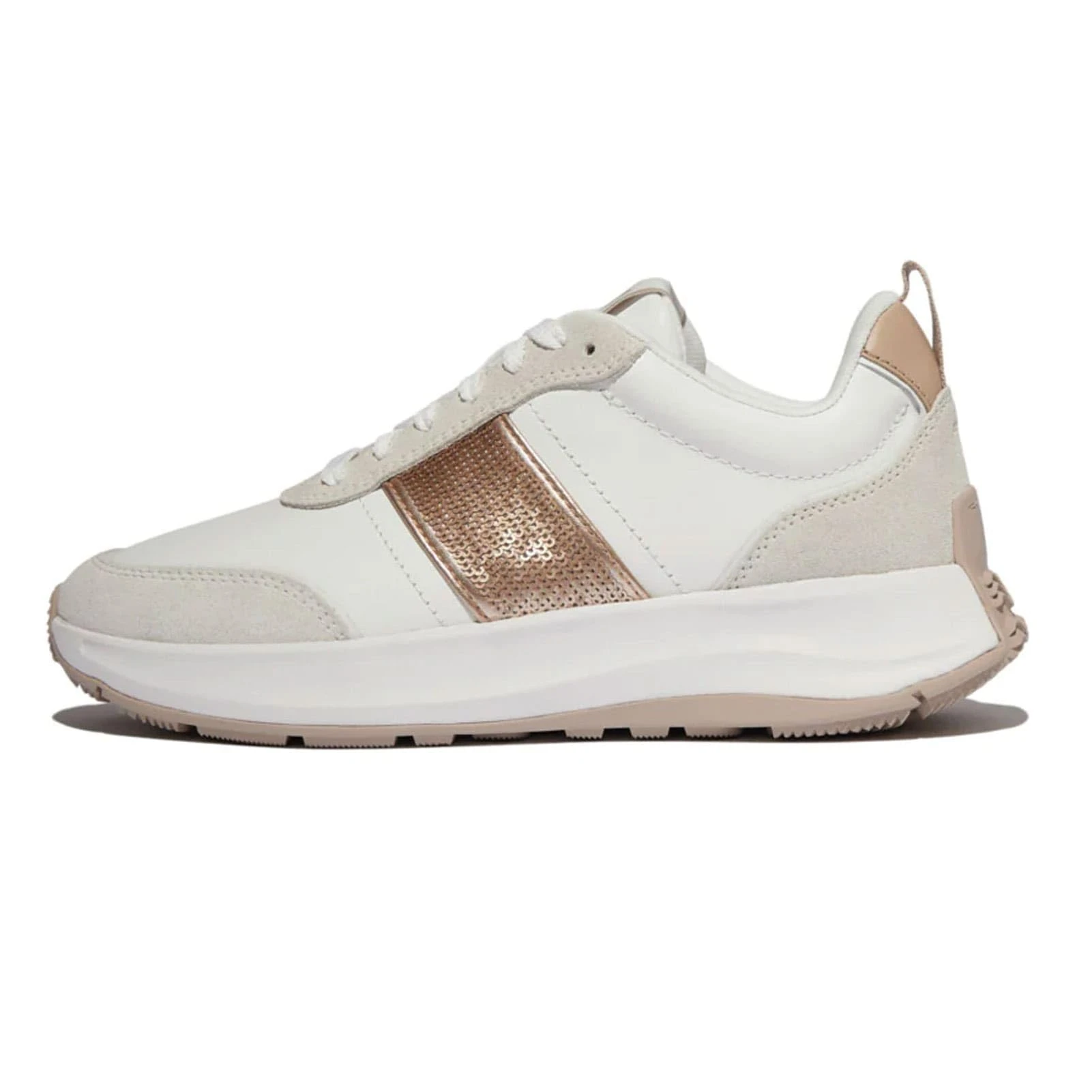 Fitflop Women's F-Mode Flow Sequin Suede/Leather Flatform Sneakers, Urban White/Classic Beige, 5.5 UK