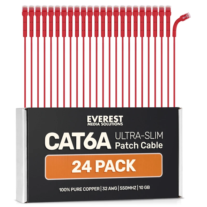 Everest Ultra Slim Cat6a Ethernet Patch Cables 10ft (24-Pack) Red