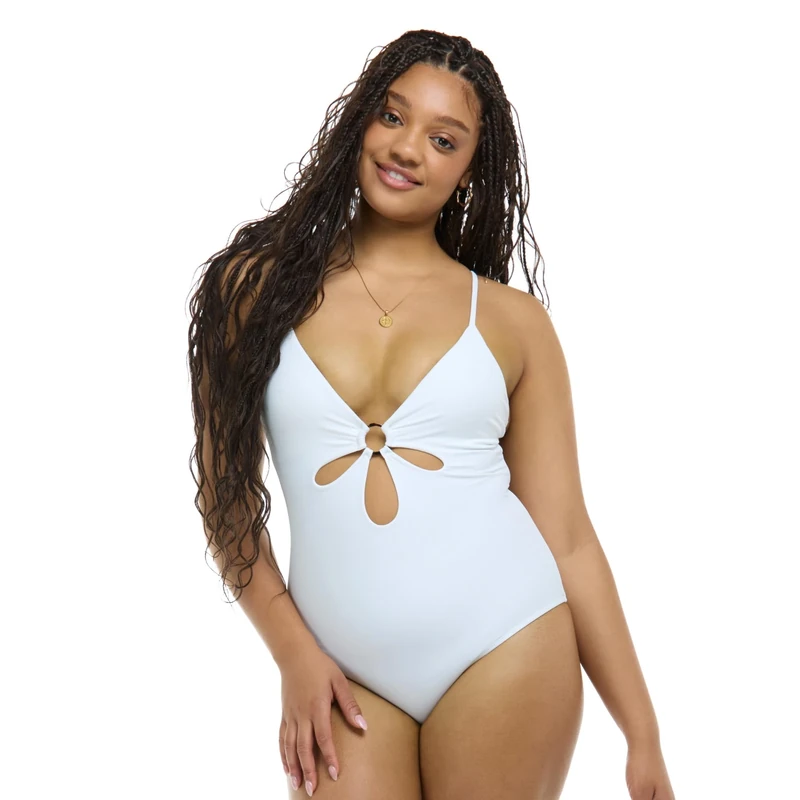 Body Glove Women's Maddie V-Neck One-Piece Swimsuit with Cut-Out and Ring Detail, White Snow, Medium