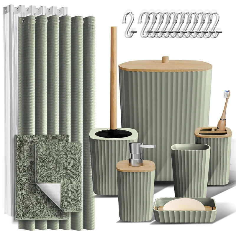 Clara Clark Bathroom Accessories Set - Bathroom Accessory Set with Shower Curtain Set, Toilet Brush, Trash Can & Soap Dispenser & Rugs (Sage Green, Complete Set + Bath Rugs)