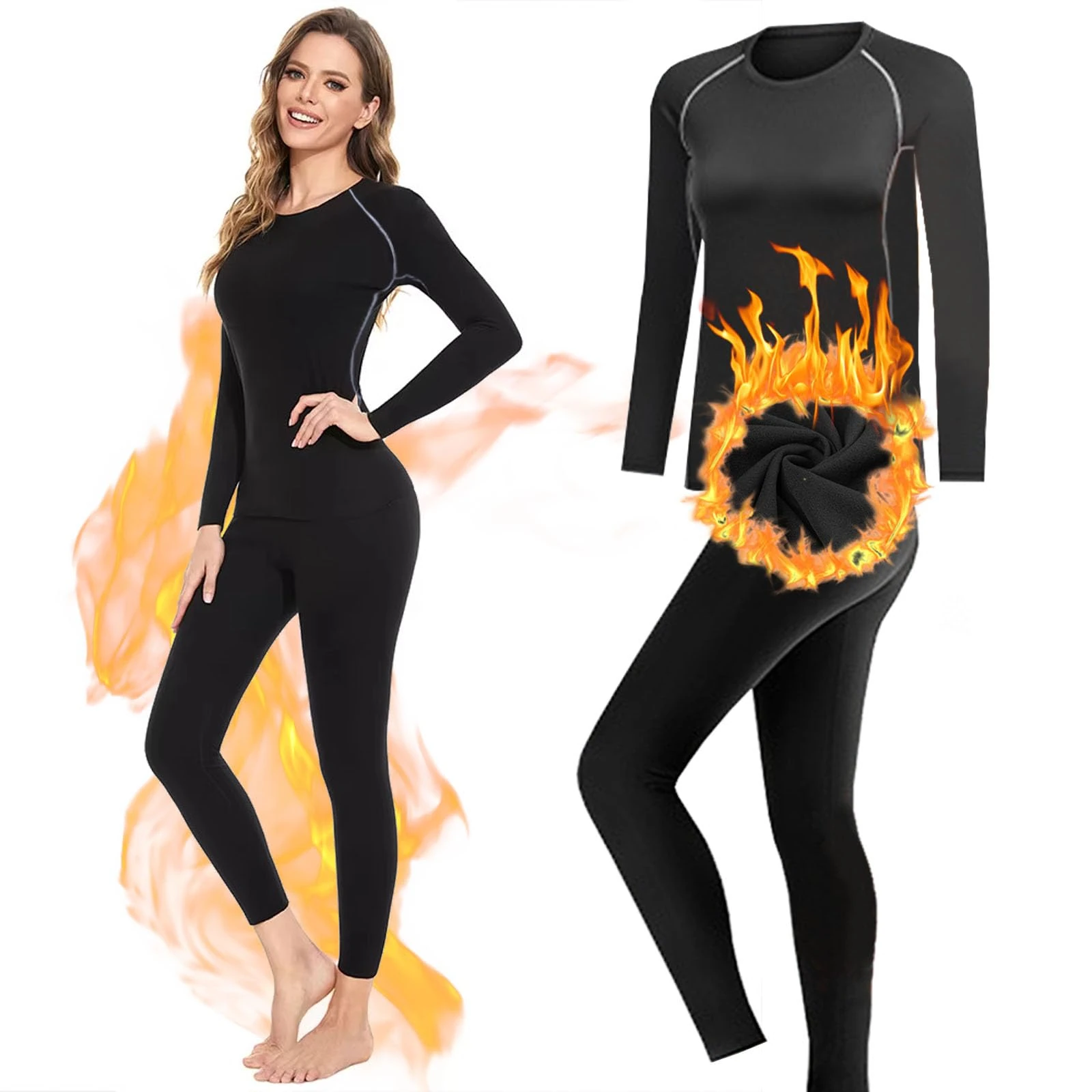 Women Thermal Base Layer Set, Quick Dry Velvet Lined Compression Long Sleeve Tops and Leggings for Ladies Girls Winter Warm, Soft Athletic Stretch Underwear for Biking Ski Running Gym Sport Black