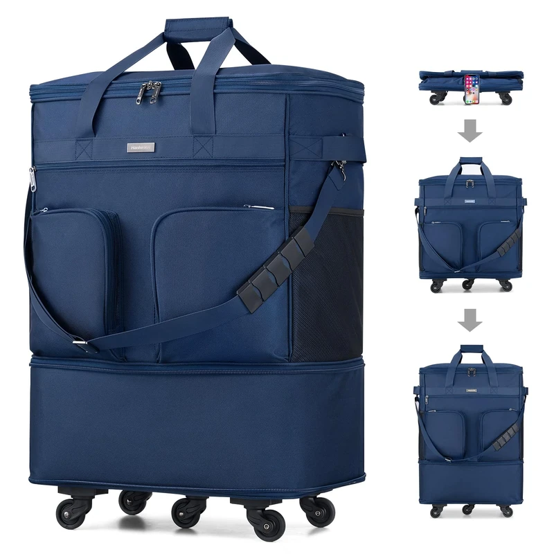Hanke Expandable Large Suitcase 4 Wheels Lightweight Collapsible,Foldable Suitcases &Travel Bags Hand Luggage Extend 20/24/28 inch Suitcases Duffel Bag Without Telescopic Handle for Men & Women, Blue