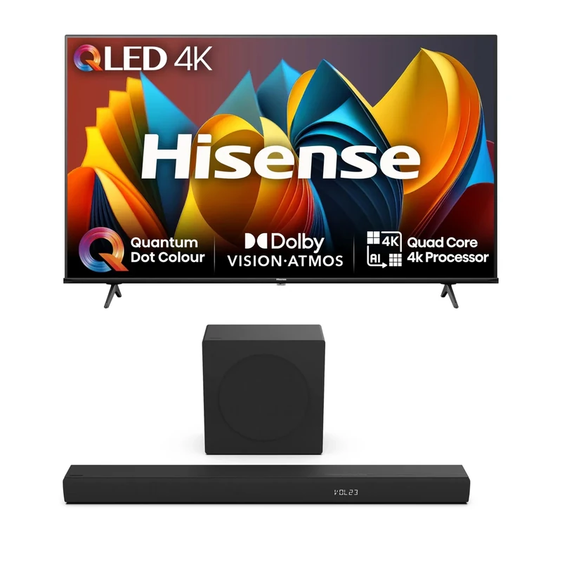 Hisense TV & Soundbar Bundle: 100E7NQTUK TV with Quantum Dot Colour, Dolby Vision Plus the HS3100 Soundbar with 480W Power, Direct Surging Sound, The Perfect Match for the ultimate Audio-Visual Experience