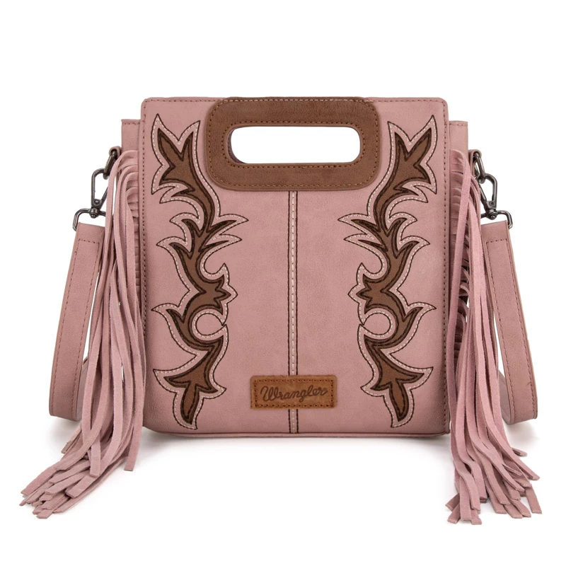 Wrangler Top Handle Handbags Western Fringe Crossbody Bag for Women Embroidered Boot Scroll Ladies Handbag, E-pink, M