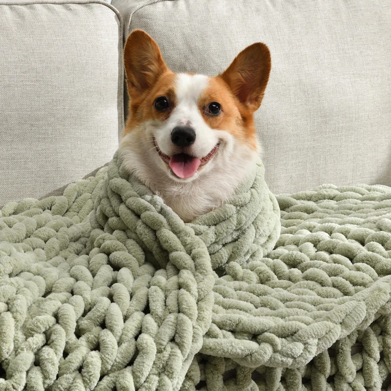 Feabuccy Soft Chunky Knit Blanket, 60X80 in Handmade Thick Chenille Yarn Throw Without Shedding & Raveling, Aesthetic & Cozy Home Decor with Couch Sofa Bed, Gift Pack, Green