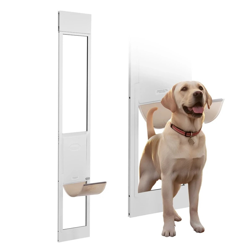 VEVOR Dog Door for Sliding Glass Door, 75 7/8"-80 11/16" Adjustable Height Doggy Door for Sliding Doors, Aluminum Frame Tempered Glass Pet Door with Hinge Structure Flap and Lock for Medium-Sized Dogs