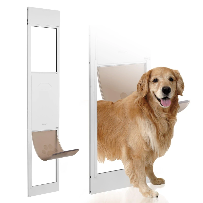 VEVOR Adjustable Aluminum Sliding Glass Dog Door, 75 7/8" - 80 11/16", Tempered Glass Pet Door with Hinge Structure Flap & Lock for Large-Sized Dogs