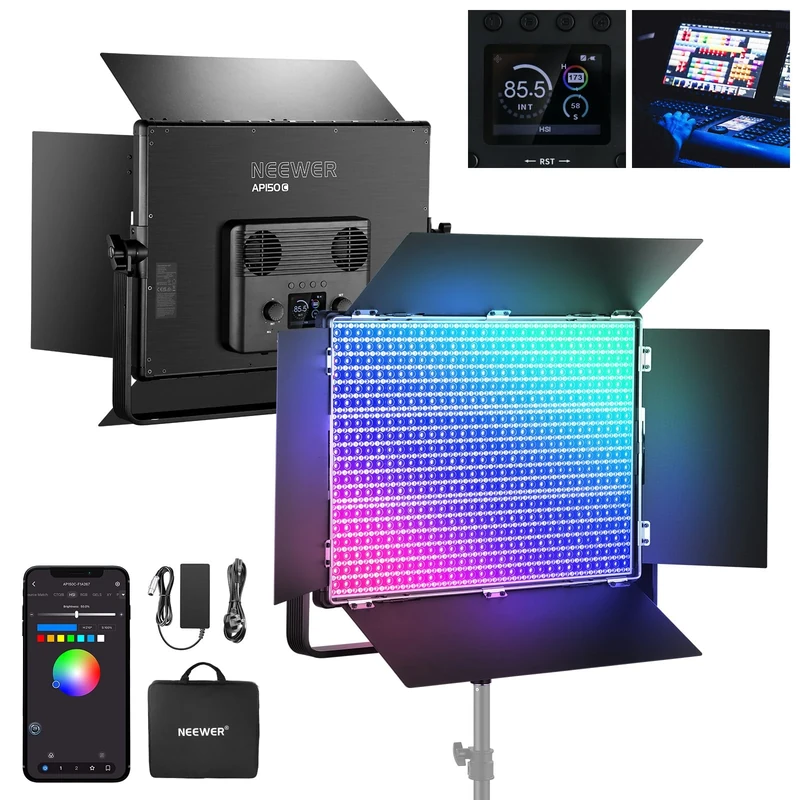 NEEWER 150W RGB LED Panel Video Light Kit with Barn Doors, 1800 LEDs 42500Lux/0.5m 2500K-10000K CRI96+/TLCI97+ 0-100% Dimming, APP/2.4G/Panel/DMX Control for Pro Studio Gaming Lighting, AP150C