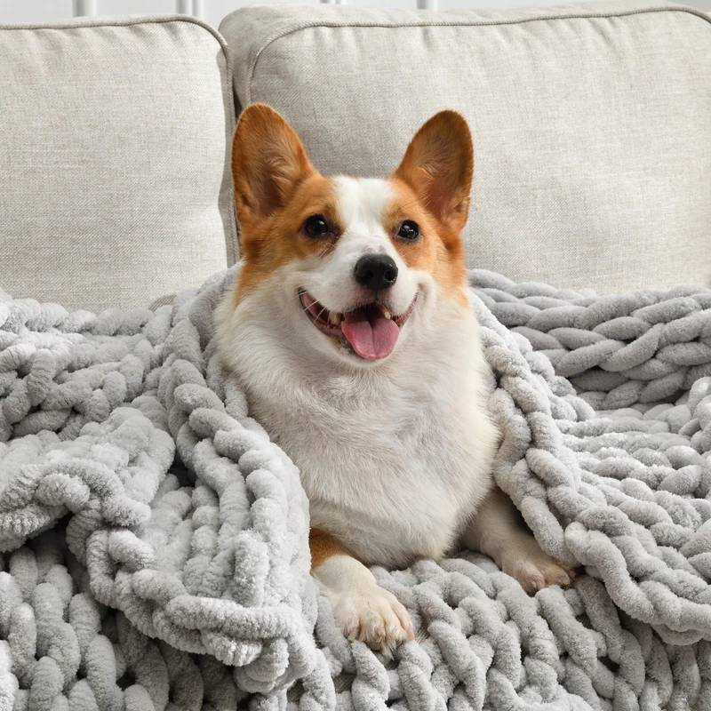 Feabuccy Soft Chunky Knit Blanket, 60X80In Handmade Thick Chenille Yarn Throw Without Shedding & Raveling, Aesthetic & Cozy Home Decor with Couch Sofa Bed, Gift Pack, Light Grey