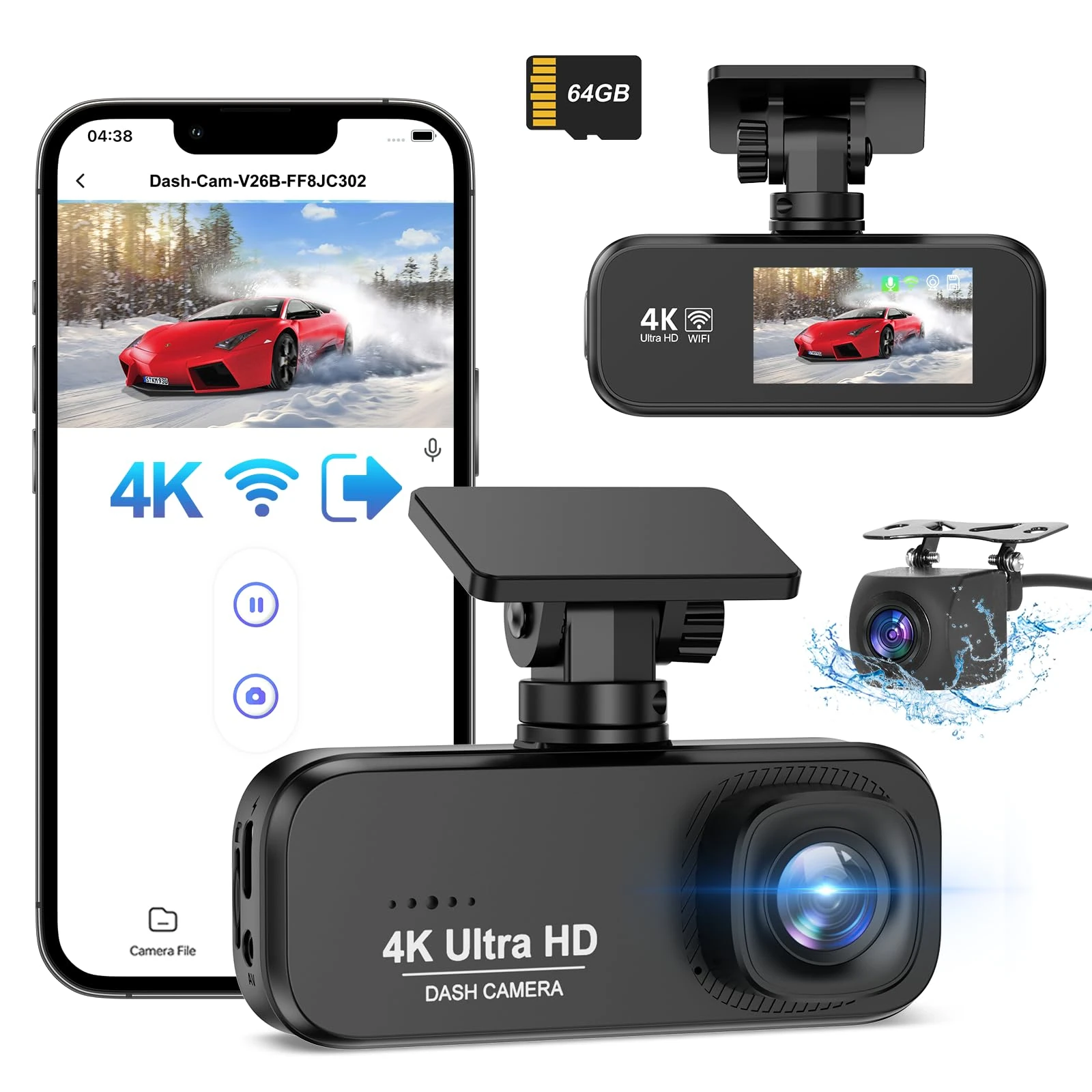DYNACAM Dash Cam Front and Rear 4K+1080P, WiFi Dash Cam Free 64GB Card, G-Sensor, Car Camera 24H Parking Mode, Super Night Vision Dashcam, Car on-dash Support 256GB Max