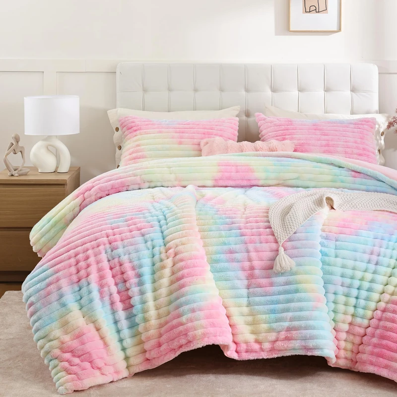 Smoofy Fluffy Twin Comforter Sets 2 Pieces - Rainbow Fleece Fluffy Comforter Set, Luxury Fuzzy Twin Bedding Set, Soft Warm Comforter All Season, Heavy Faux Fur Comforter with Pillow Cases