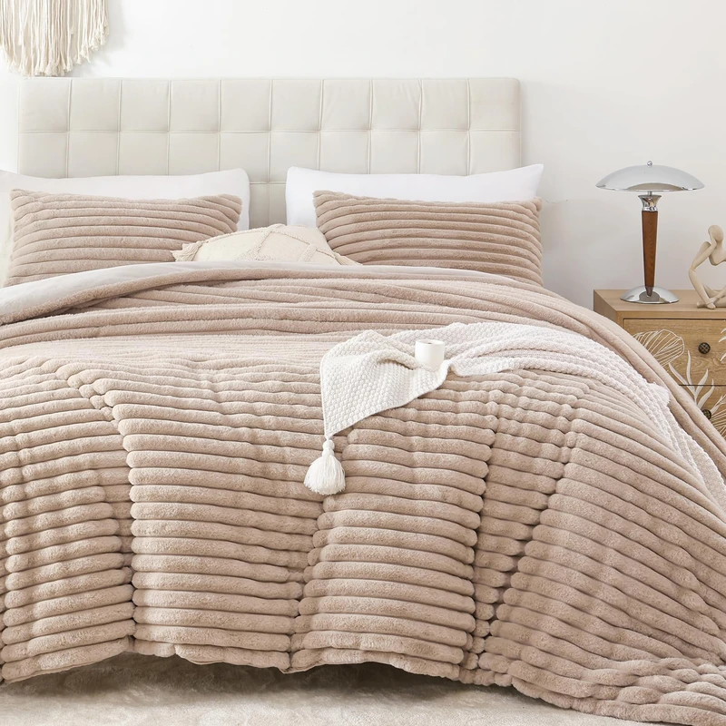 Smoofy Fluffy Queen Size Comforter Set 3 Pieces - Linen Fleece Fluffy Comforter Set, Luxury Fuzzy Queen Bedding Set, Soft Warm Queen Bed Set All Season, Heavy Faux Fur Comforter with 2 Pillow Cases