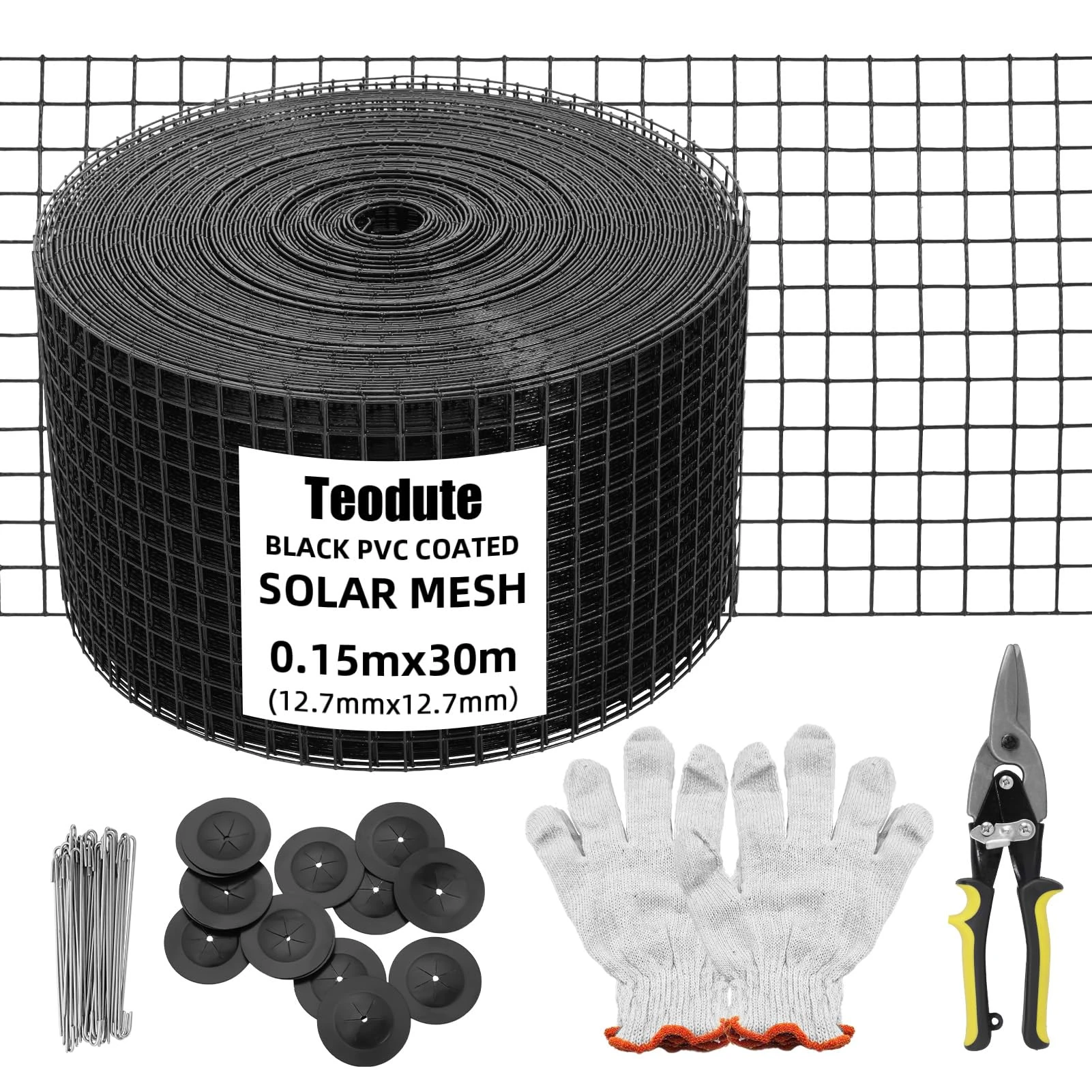 Teodute 15CM*30M Solar Proofing Bird Mesh, Bird Guard for Solar Panels Equipped with 1 Pair of Gloves, 70 Round Pieces, 70 Inverted Hooks and 1 Straight Scissors to Stop Pigeons Nesting Under Roof