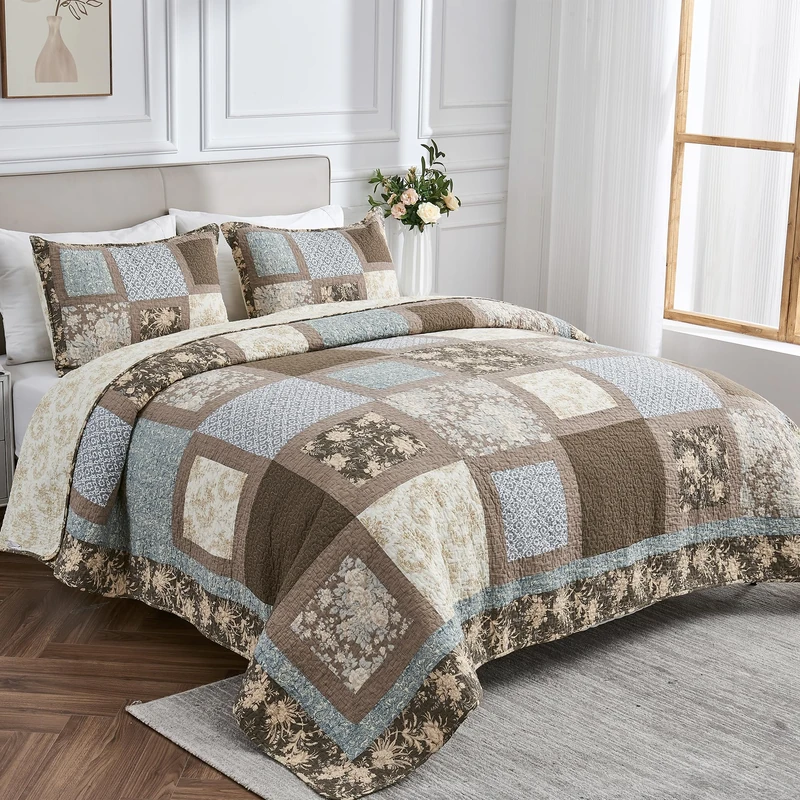 NIUDÉCOR HOME 100% Cotton Quilt Real Patchwork Quilt Sets Handmade Reversible Vintage Plaid Floral Bedspread Soft Coverlet Bedding Sets - 3 Pieces