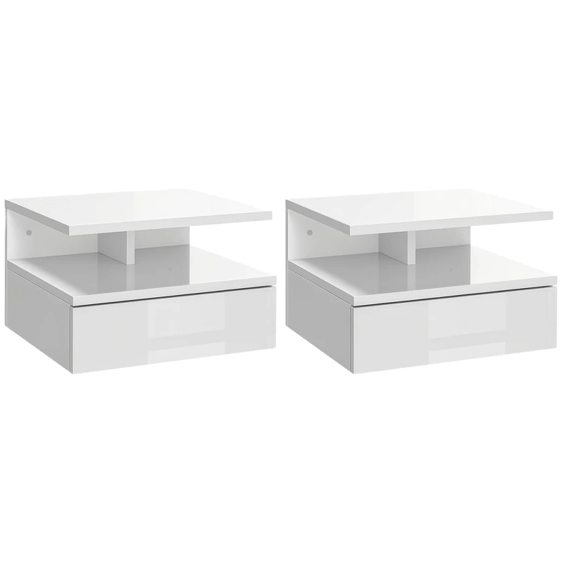 HOMCOM Floating Bedside Table Set of 2, Wall Mount Nightstands with Storage Drawer and Open Shelf for Bedroom, High Gloss White