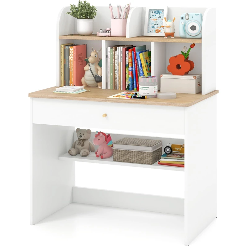 GYMAX Wooden Kids Desk, Children Study Table with Storage Shelf, Drawer and Hutch, Student Writing Desk for Reading, Studying, Drawing (White + Natural)