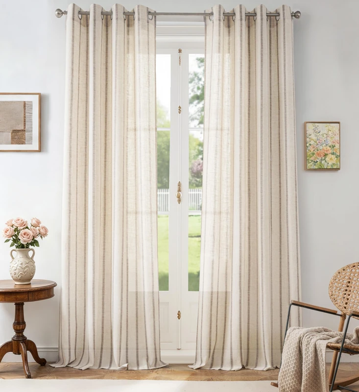 DriftAway Farmhouse Curtains for Living Room Vertical Striped Linen Curtains Semi Sheer Light Filtering Grommet Window Treatments, 120 Inches Long, 2 Panels, Pinstripe Grey on Beige