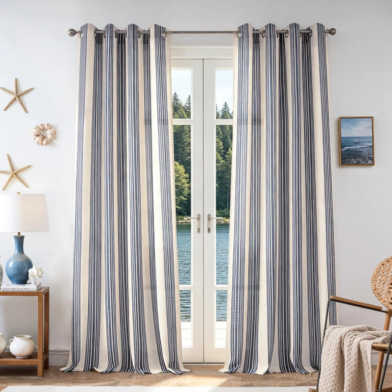 DriftAway Farmhouse Curtains for Living Room Vertical Striped Linen Curtains Semi Sheer Light Filtering Grommet Window Treatments, 102 Inches Long, 2 Panels, Dark Navy on Beige