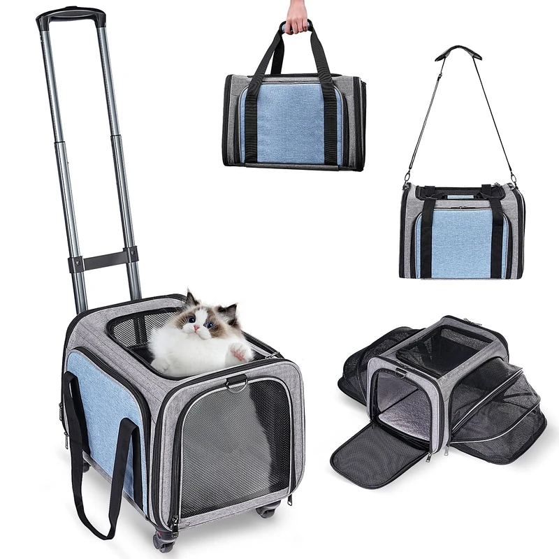 Pet Carrier with Wheels for Cat and Small Dogs: Expandable Airline Approved Rolling Cat Carrier - Cat Carrier Soft for Pets Under 26lbs Travel Plane Trip