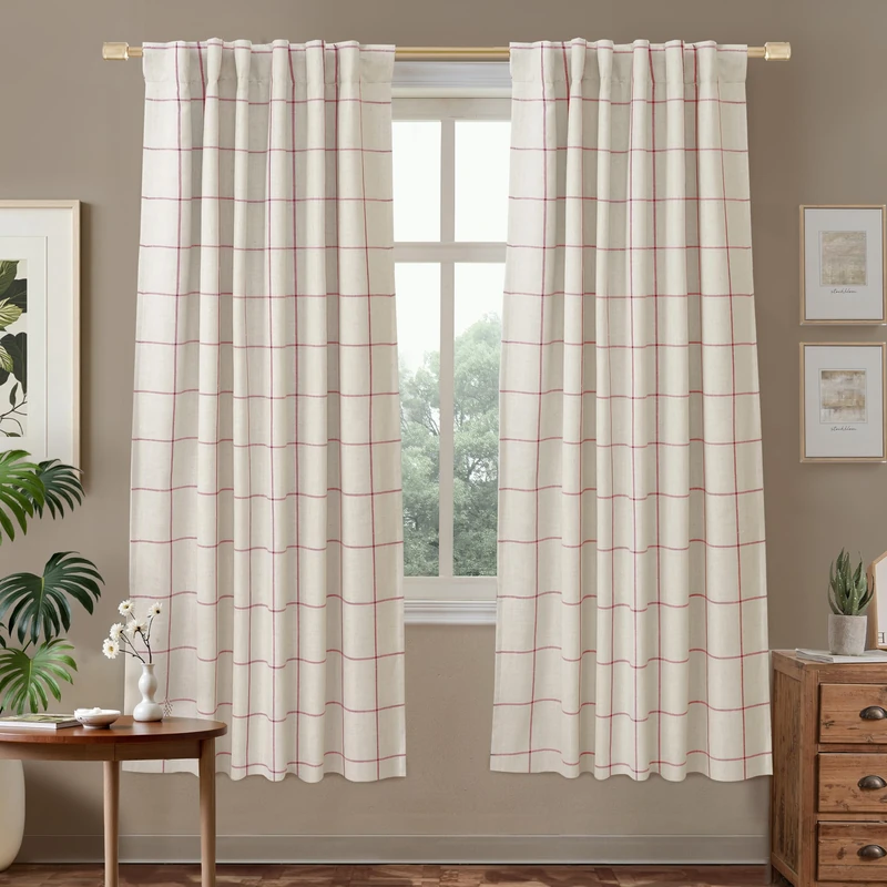 DriftAway 100% Blackout Plaid Linen Curtains 72 Inches Long 2 Panels Red