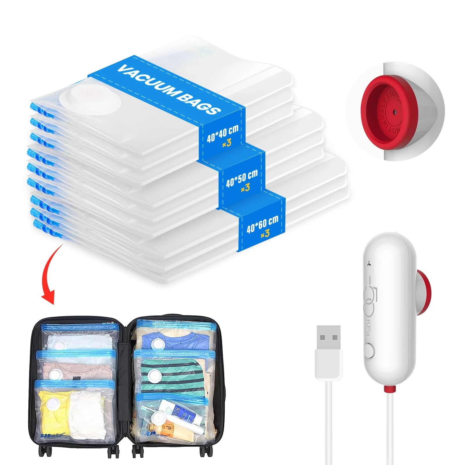 Vacbird Vacuum Storage Bags with Portable Electric Pump, 9-Pack Vacuum Bags for Clothes Travel, Reusable, Suitable for Clothing Storage, Travel, Luggage and Suitcase Storage