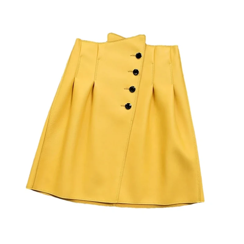 Women Irregular High Waist Short Skirt Korean Folded Buttons Sexy Mini Yellow XL