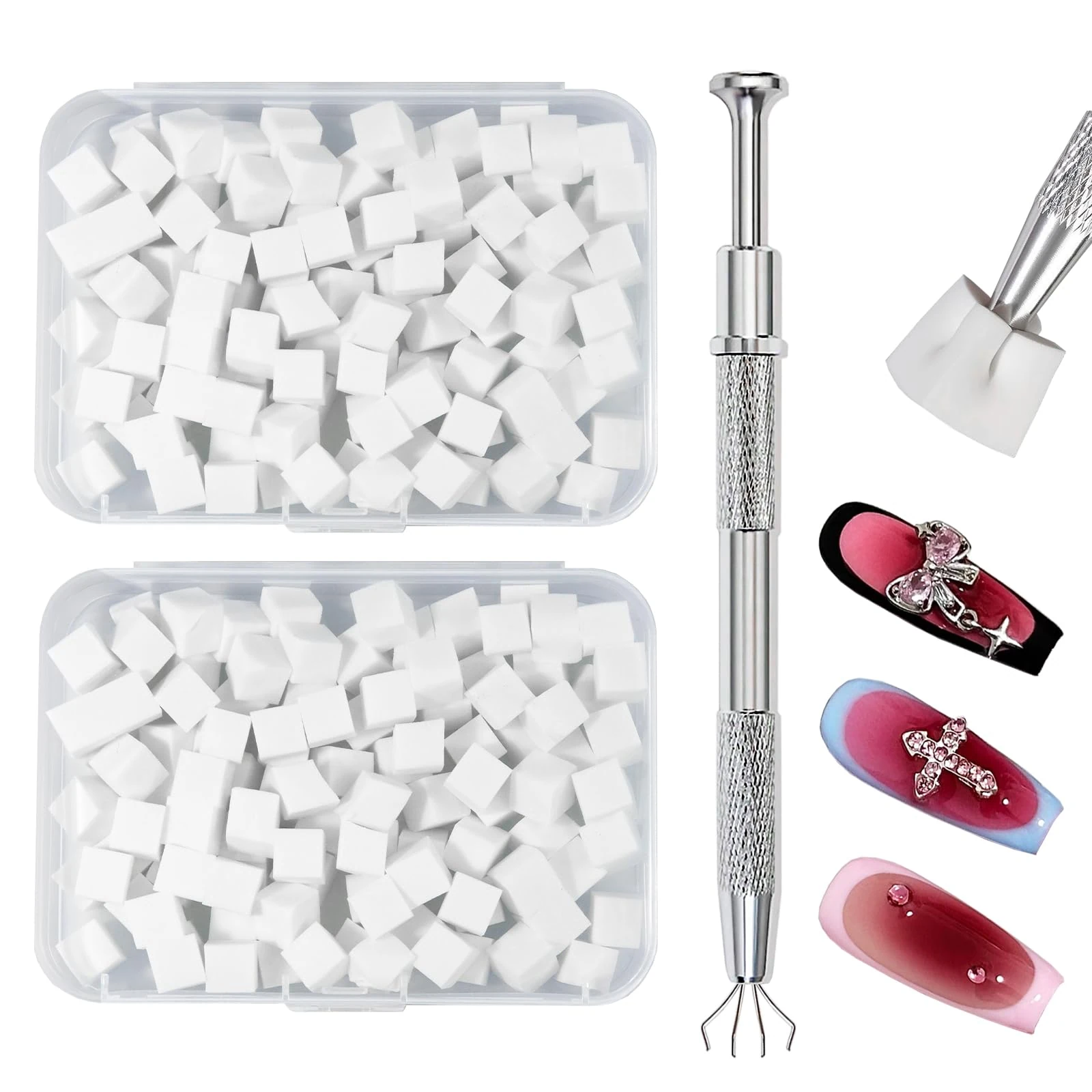 Qufiiry 200 PCS Nail Sponges for Ombré, Nail Art Tools Sponge Brush, Nail Art Sponge with 1 Metal Grabber Nail Brushes Storage and Box for Nail Art Design Manicure Diy