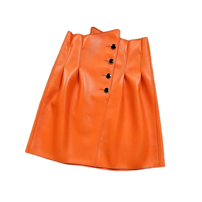 Women Irregular High Waist Short Skirt Korean Folded Buttons Sexy Mini Orange XL