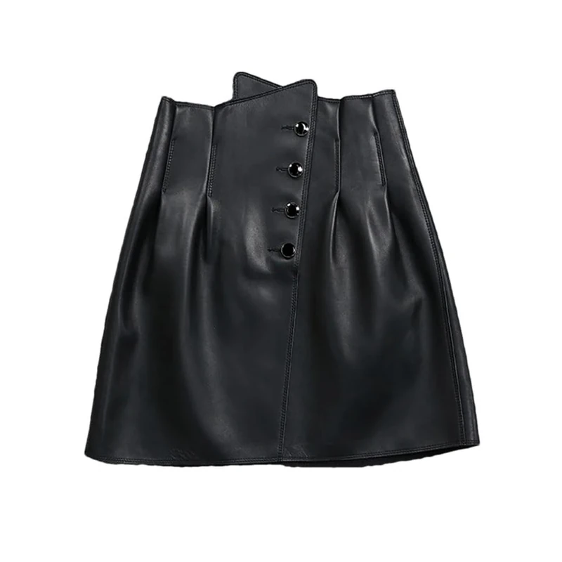 Women Irregular High Waist Short Skirt Korean Folded Buttons Sexy Mini Black XL