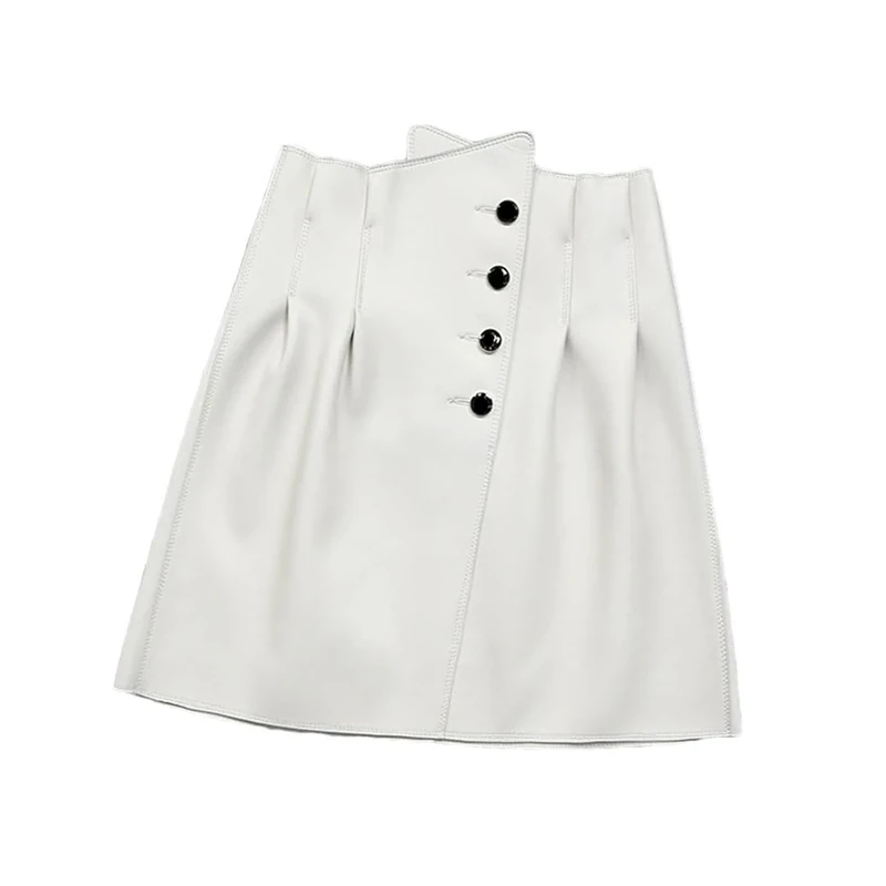 Women Irregular High Waist Short Skirt Korean Folded Buttons Sexy Mini White XL