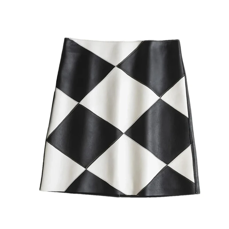 Women Casual Romantic Bright Diamond Check Short Skirt A-Line Real Leather Mini Black L