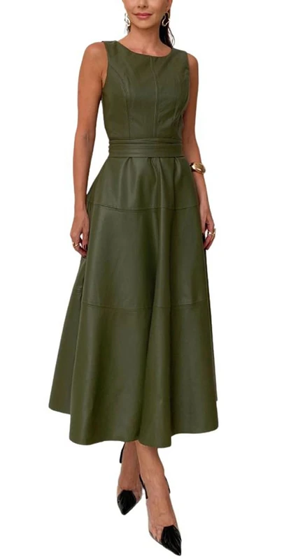 CHARTOU Women PU Faux Leather Sleeveless Elegant Flowy Long Dress Party Night Out Dress with Belt, Green, S - Image 1