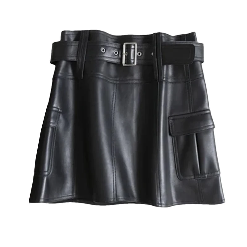 Women Leather Brown Mini Thin Short Culottes Versatile Japanese Style A-Line Skirts Black S