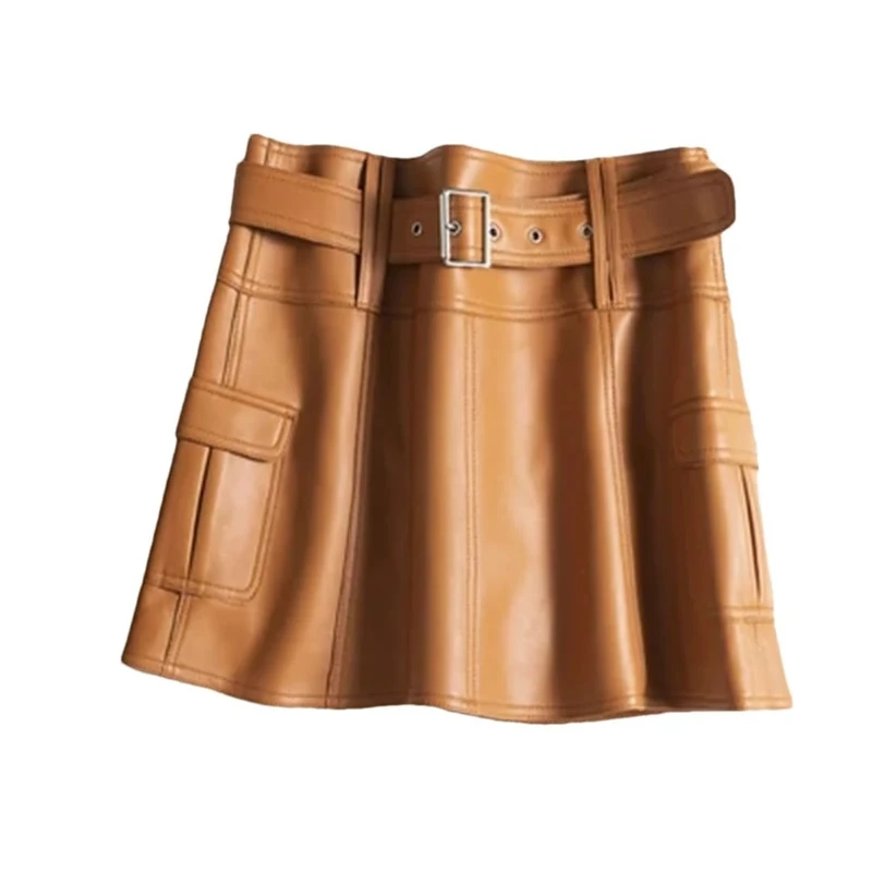 Women Leather Brown Mini Thin Short Culottes Versatile Japanese Style A-Line Skirts Orange S