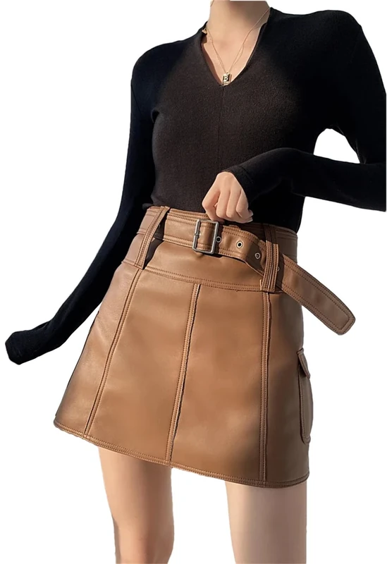 Women Leather Brown Mini Thin Short Culottes Versatile Japanese Style A-Line Skirts Brown S