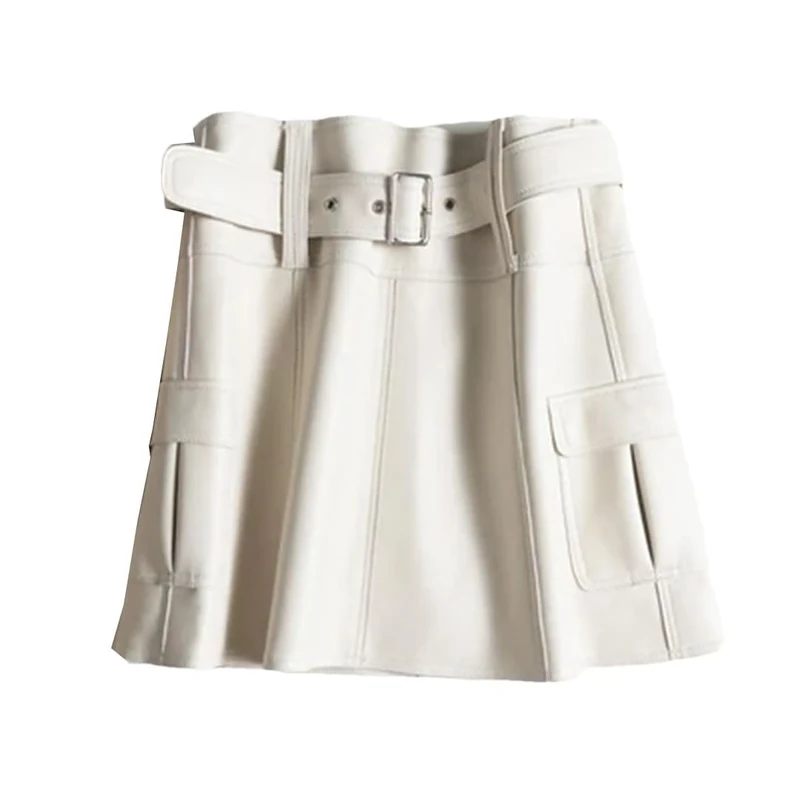 Women Leather Brown Mini Thin Short Culottes Versatile Japanese Style A-Line Skirts White S