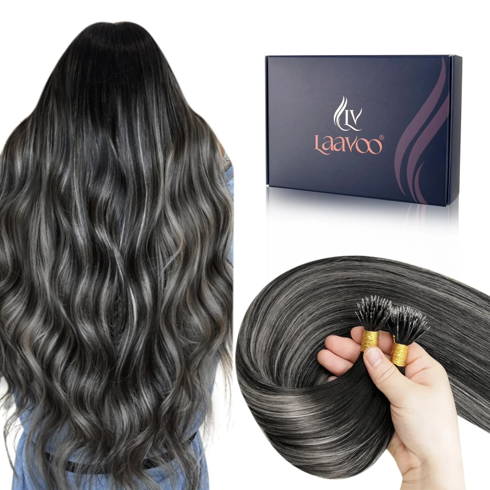 LaaVoo Nano Hair Extensions Real Human Hair Black Nano Beads Hair Extensions Balayage Natural Black to Silver Invisible Nano Ring Straight Remy Hair 50g 50s 14 Inch #1b/s/1b