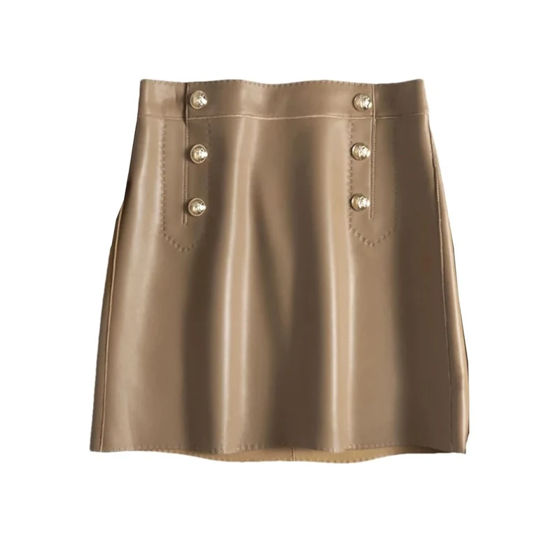 Women Arch Needle High Waist Wrap Leather Double Breasted Metal Button Mini Skirts Khaki XXL
