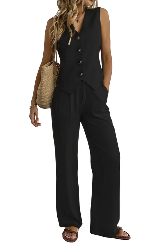 Women's 2 Piece Outfits Linen Vest Waistcoat Dressy Casual Sets Wide Leg Pants Suits, Black, Medium - Image 1