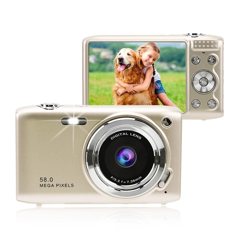 Digital Camera, 4K 58MP Full HD 16X Zoom Fixed Focal Macro Timed Photography Digital Video Camera, Portable Compact Digital Camera for Teens Adult Beginner(Gold and Pink) (Gold)