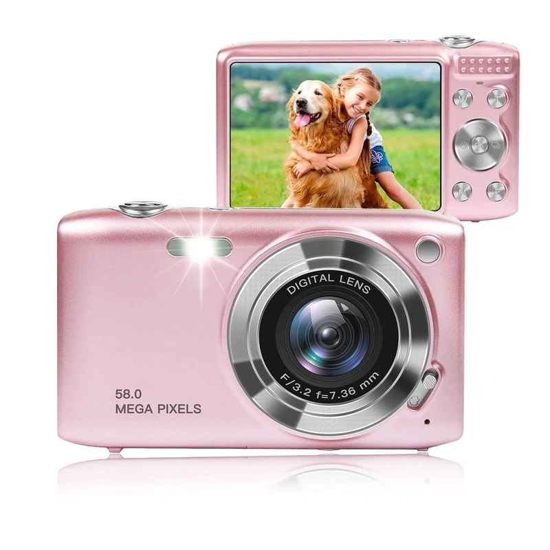 Digital Camera, 4K 58MP Full HD 16X Zoom Fixed Focal Macro Timed Photography Digital Video Camera, Portable Compact Digital Camera for Teens Adult Beginner(Gold and Pink) (Pink)