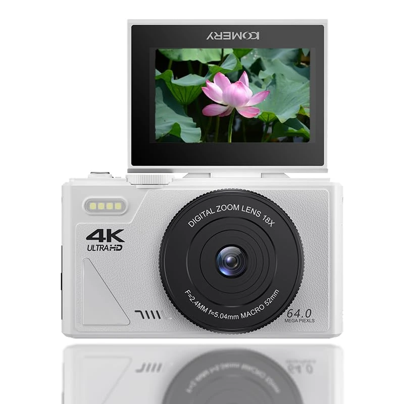 Digital Camera, Autofocus UHD 4K Vlogging Camera with 3 Inch Flip Screen, 75MP 18X Digital Zoom Anti Shake Video Camera, Compact Travel Camera for Kids Teens Adult (White)