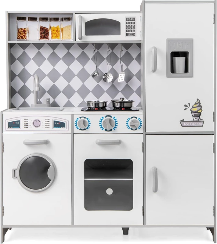 FANTASK Children's Wooden Kitchen for Children from 3 Years, Wooden Kitchen with Light and Sound, Play Kitchen with Stove, Washing Machine, Oven, Microwave, Kitchen Accessories