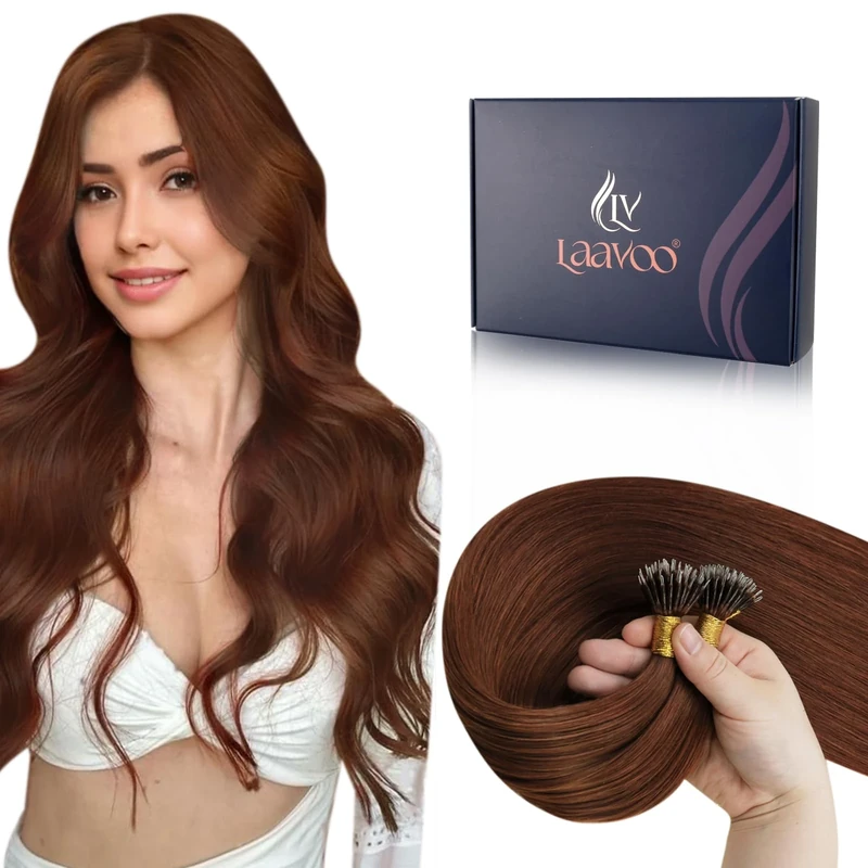 LaaVoo Nano Hair Extensions Real Human Hair Red Brown Nano Beads Hair Extensions 20 Inch Invisible Nano Ring Straight Remy Hair 50g 50s #33