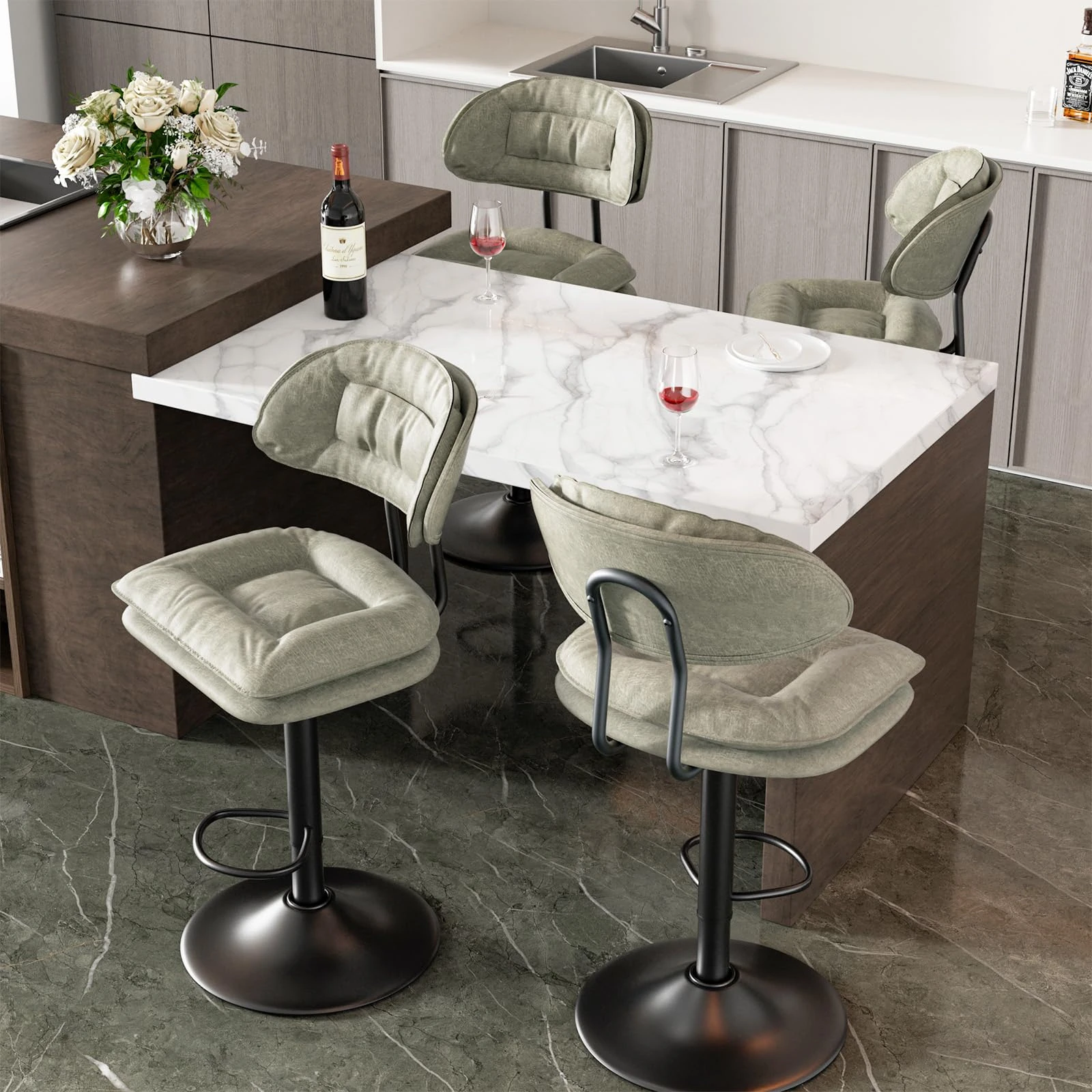 Hawthyhome Bar Stools Set of 4 |Ergonomic Upholstered with Back •Adjustable Double-Layer •Swivel Counter Height for Kitchen Island •Beige