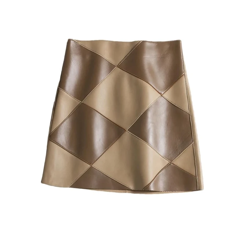 Women Casual Romantic Bright Diamond Check Short Skirt A-Line Real Leather Mini Khaki L