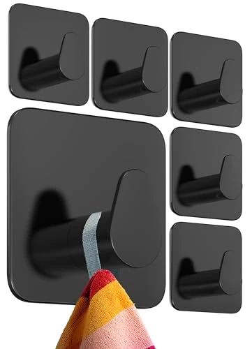4smile Towel Rail without Drilling, Set of 6, Black - Bathroom Towel Holder Made of Stainless Steel, Functional Oval Adhesive Hooks - Waterproof Hooks for Bathroom, Hooks Self-Adhesive, Towel Hooks