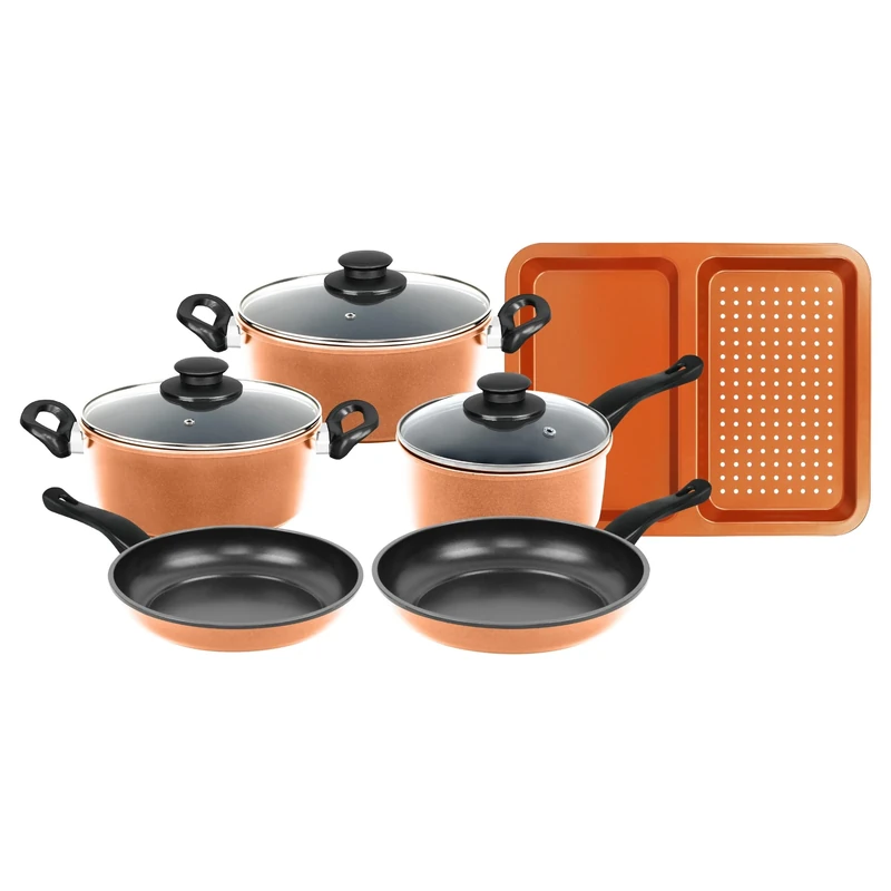 Herzberg, HG04838-COP 9 Piece Heavy Duty Cookware Set with Non-Stick Coating, Compatible with All Fires, Stylish Copper Design, Healthy Cooking Without Oil, Colorerame