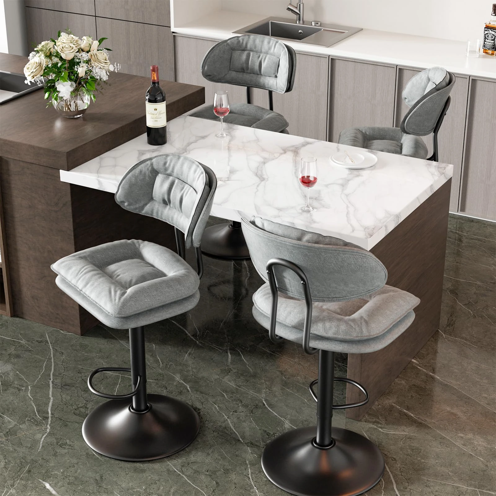 Hawthyhome Bar Stools Set of 4 |Ergonomic Upholstered with Back •Adjustable Double-Layer •Swivel Counter Height for Kitchen Island •Grey