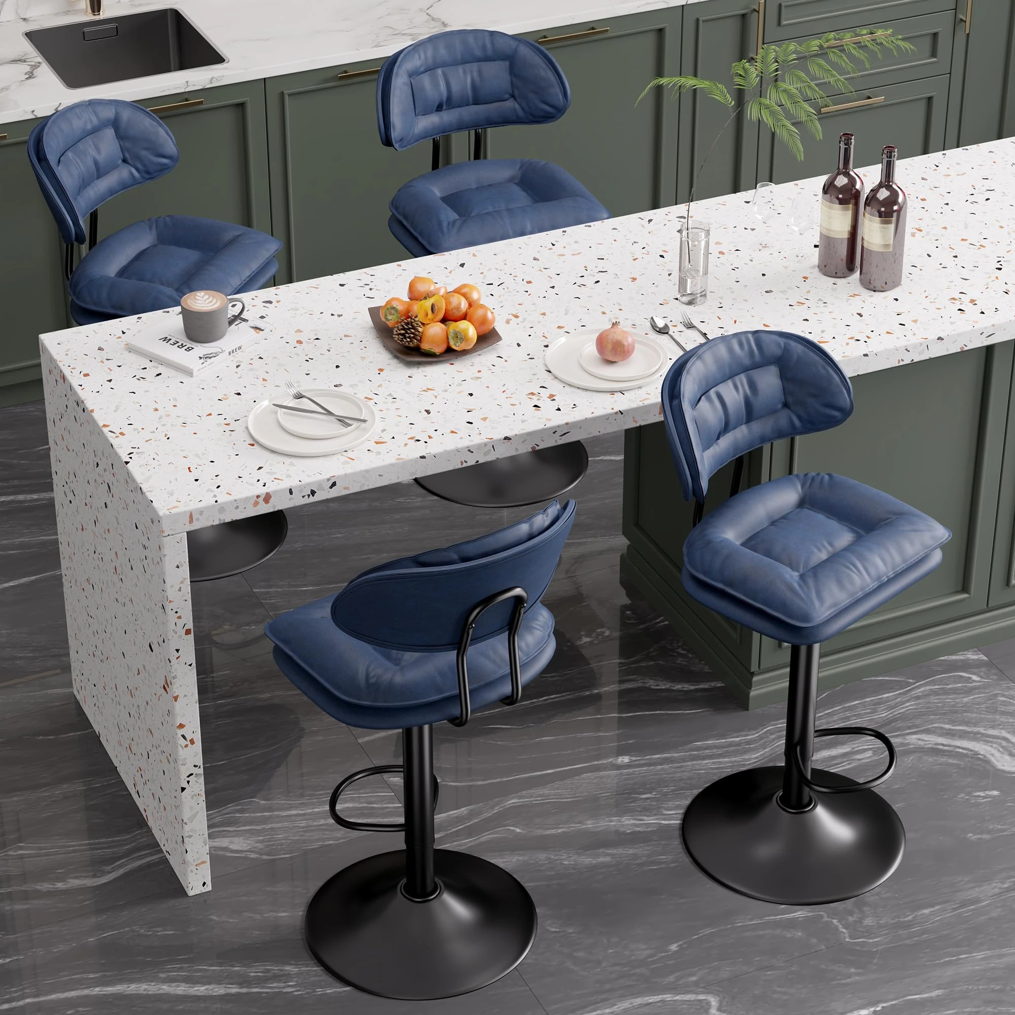 Hawthyhome Bar Stools Set of 4 |Ergonomic Upholstered with Back •Adjustable Double-Layer •Swivel Counter Height for Kitchen Island •Blue